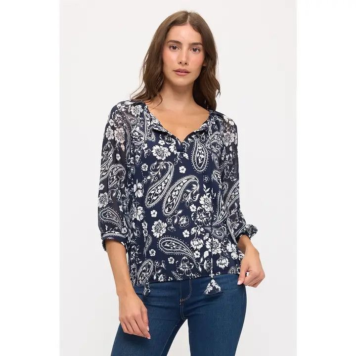 Paisley Print Bubble Hem Raglan Peasant Top