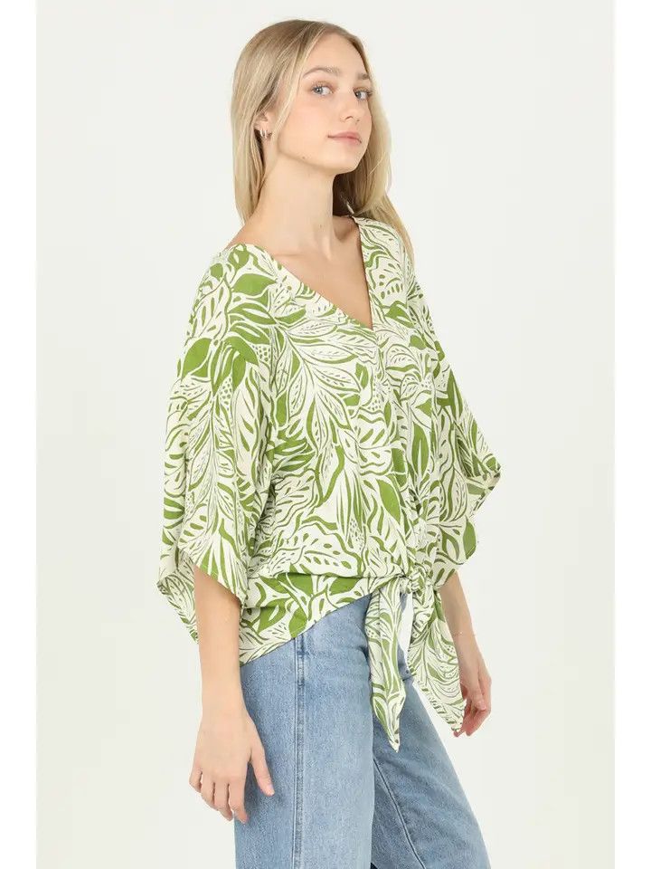 V Neck Kimono Sleeve Tie Waist Blouse