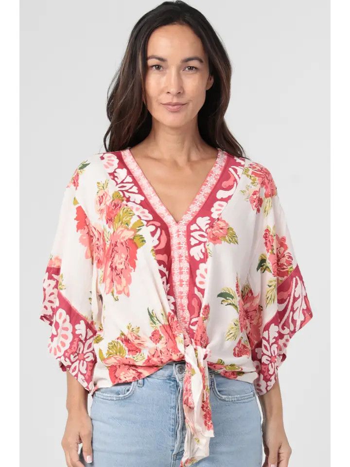 V Neck Kimono Sleeve Tie Waist Blouse