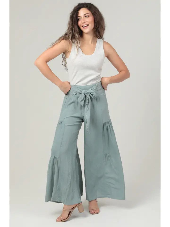 Wide Leg Tiered Flare Pants with Tie Waist