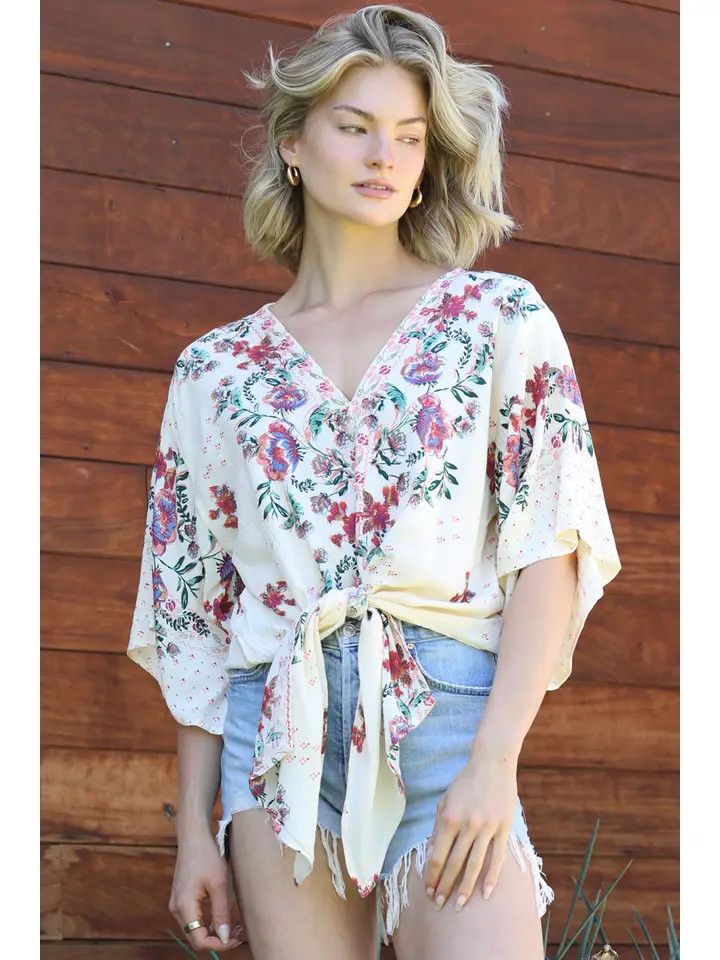 Wide Sleeve Tie Waist V Neck Blouse