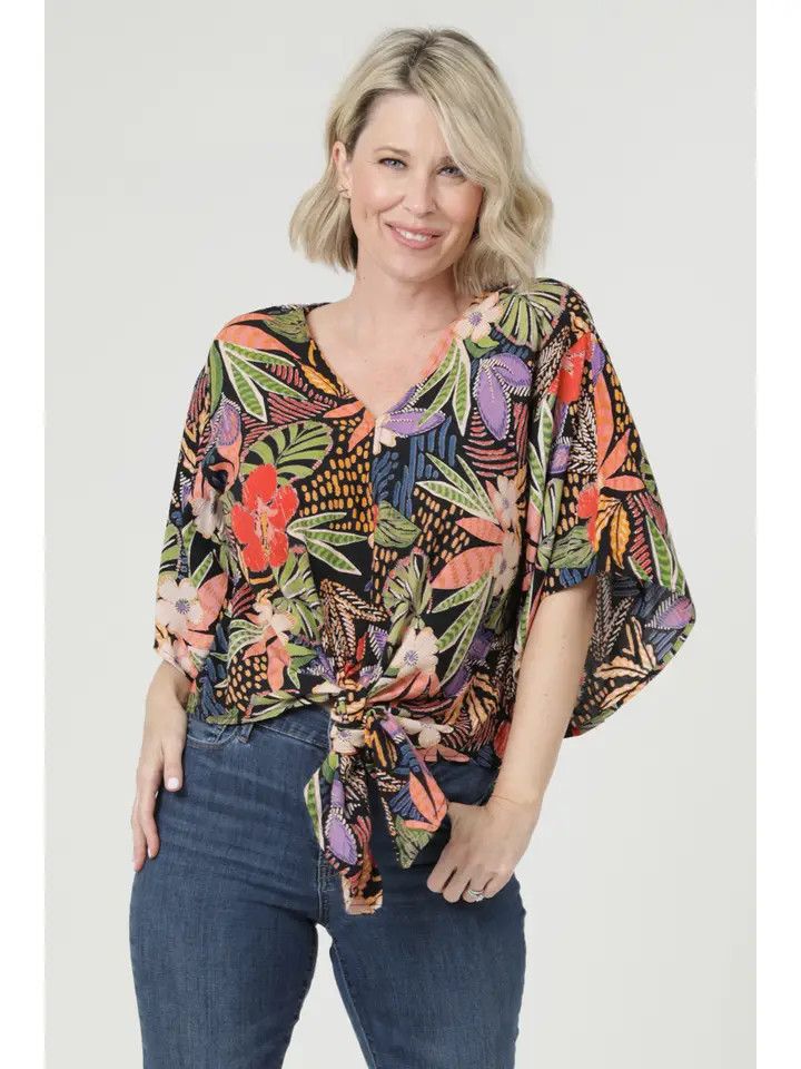 V Neck Tie Waist Kimono Sleeve Blouse