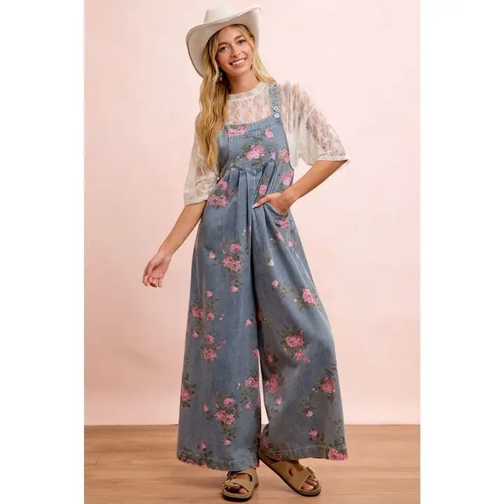 Flower Print Washed Denim Wide Leg Overalls