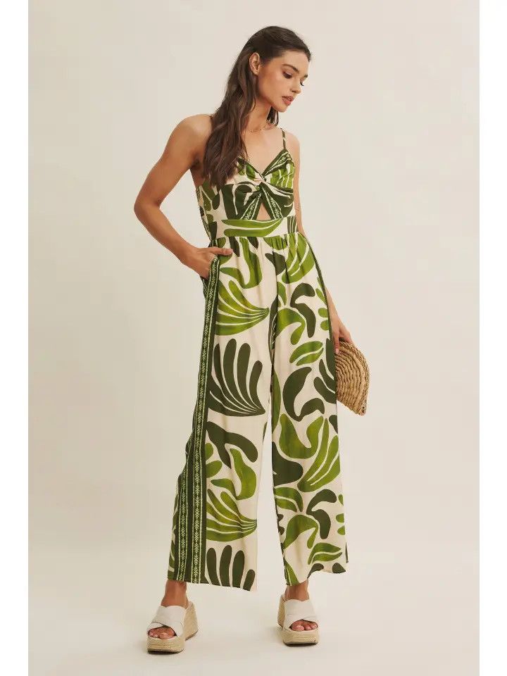Island Breeze Border Print Knot Front Wide-Leg Jumpsuit