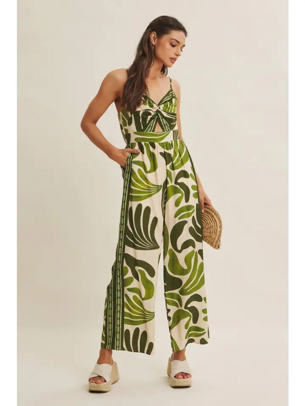 Island Breeze Border Print Knot Front Wide-Leg Jumpsuit