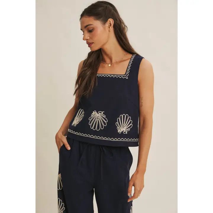 Quiet Luxury Coastal Seashell Embroidered Square Neck Top