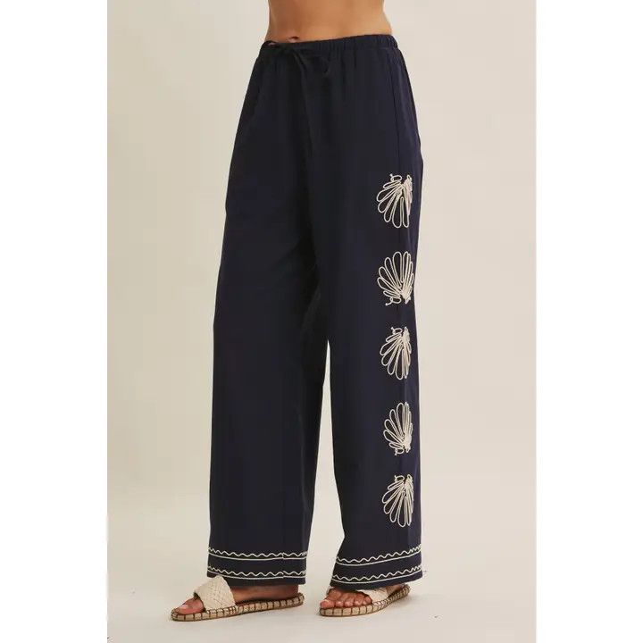 Quiet Luxury Coastal Seashell Embroidered Wide-Leg Pants