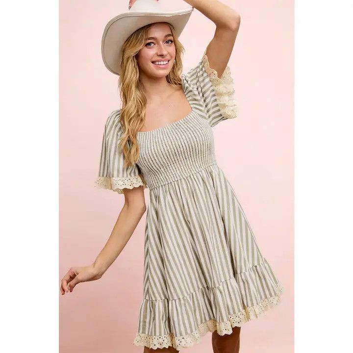 Stripes Smocked Dress w/ Eyelet Ruffled Edge