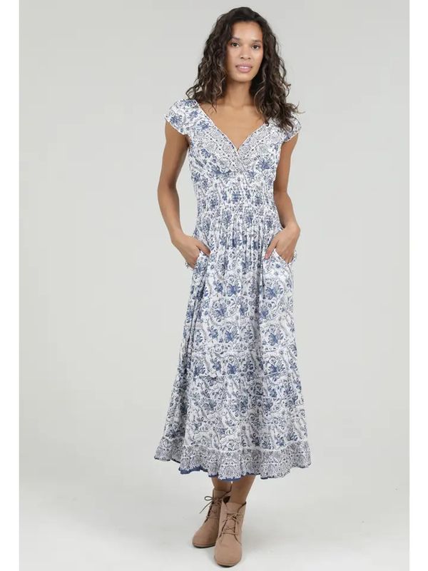 V Neck Smocked Waist Printed Maxi Dress w/ Pockets
