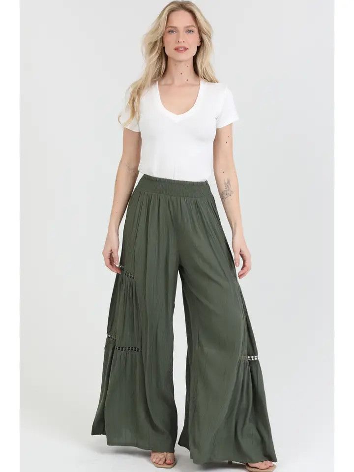 Lace Inserts Wide Leg Flare Pants