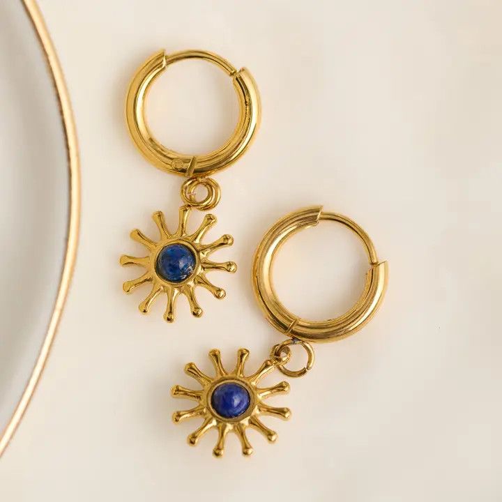 Hoop Earrings Sunburst Lapis Waterproof Gold Narelle