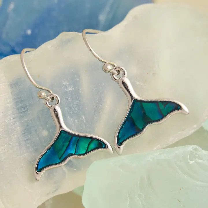 Abalone Shell Whale Tail Earrings, Blue