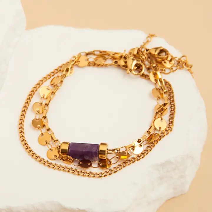 Waterproof Bracelet Amethyst 3-Piece Set Narelle, Gold