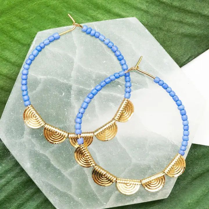 Marine Blue &amp; Gold Bead Filigree Hoop Earrings