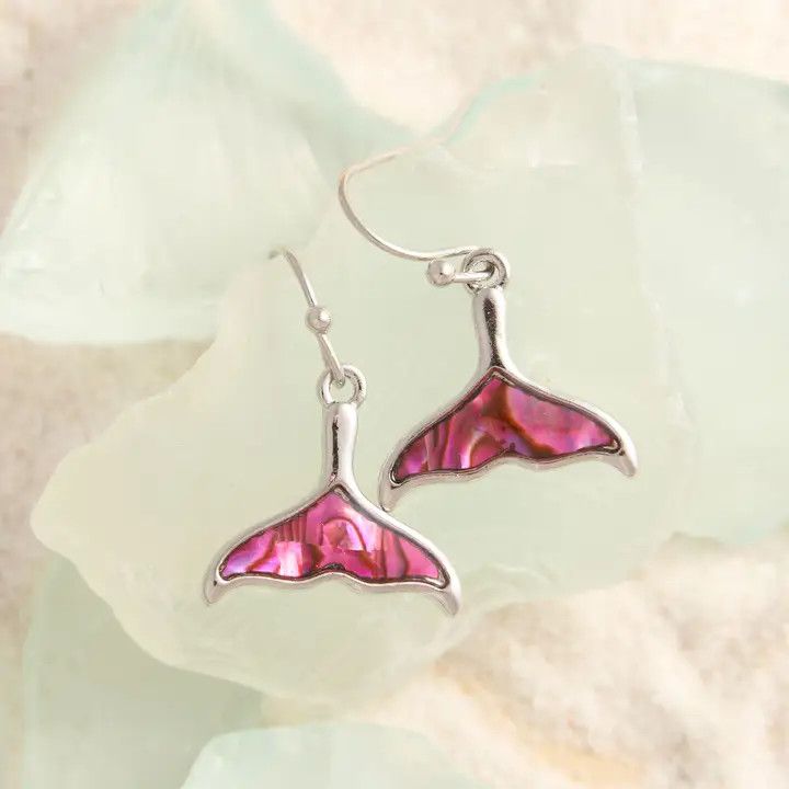 Abalone Shell Whale Tail Earrings, Pink