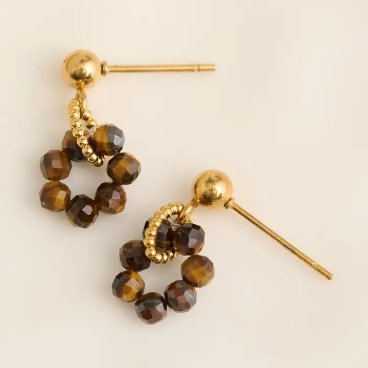 Tiger Eye Earrings Drop Beaded Waterproof Narelle Gold Post