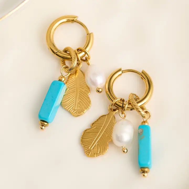 Waterproof Earrings Hoop Pearl Kyanite Narelle Gold Leaf