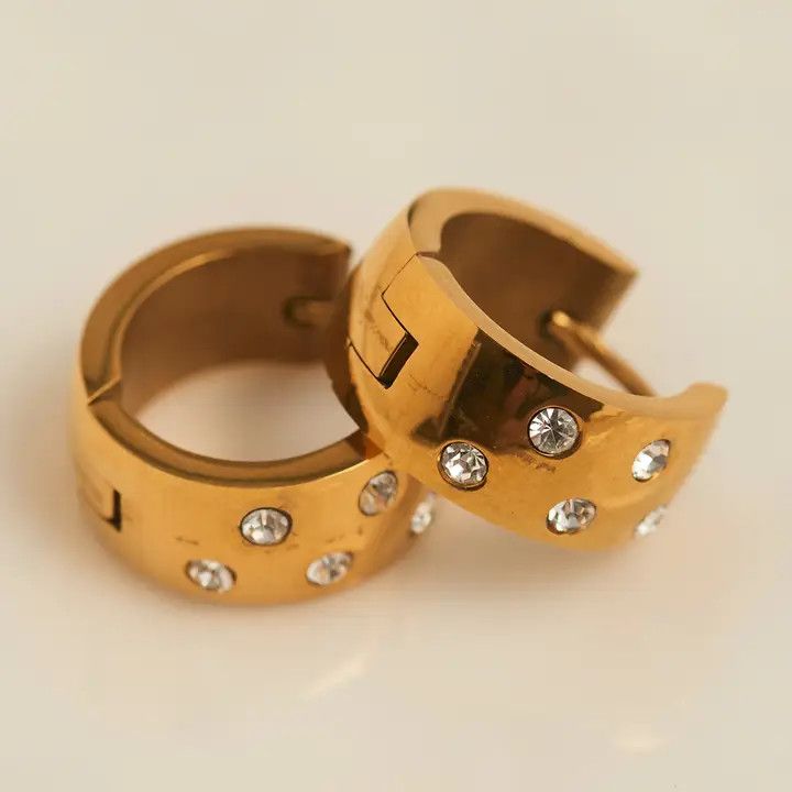 Waterproof Earrings Inlay Cubic Zirconia Hoops, Color: Gold