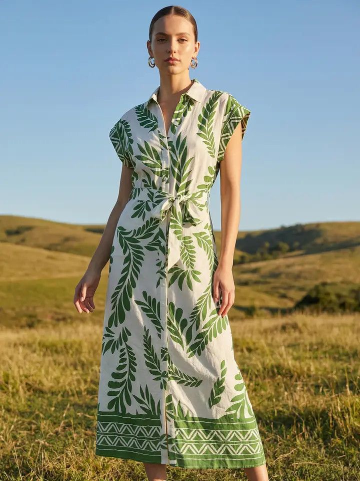Floral Print Midi Dress. Green