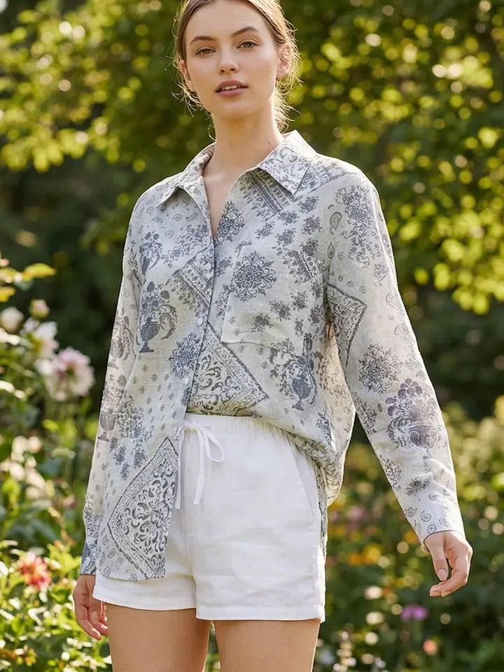 Bandana Print Button Down Blouse, Denim