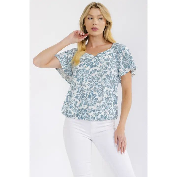 Boho Jacquard Bubble Hem Peasant Top, Ivory/Teal