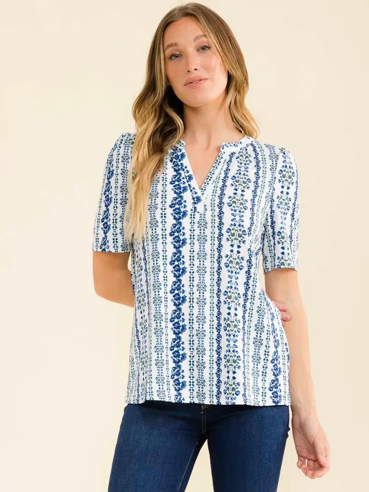 Floral Print Split Neck Shirt, IV/BL/GR