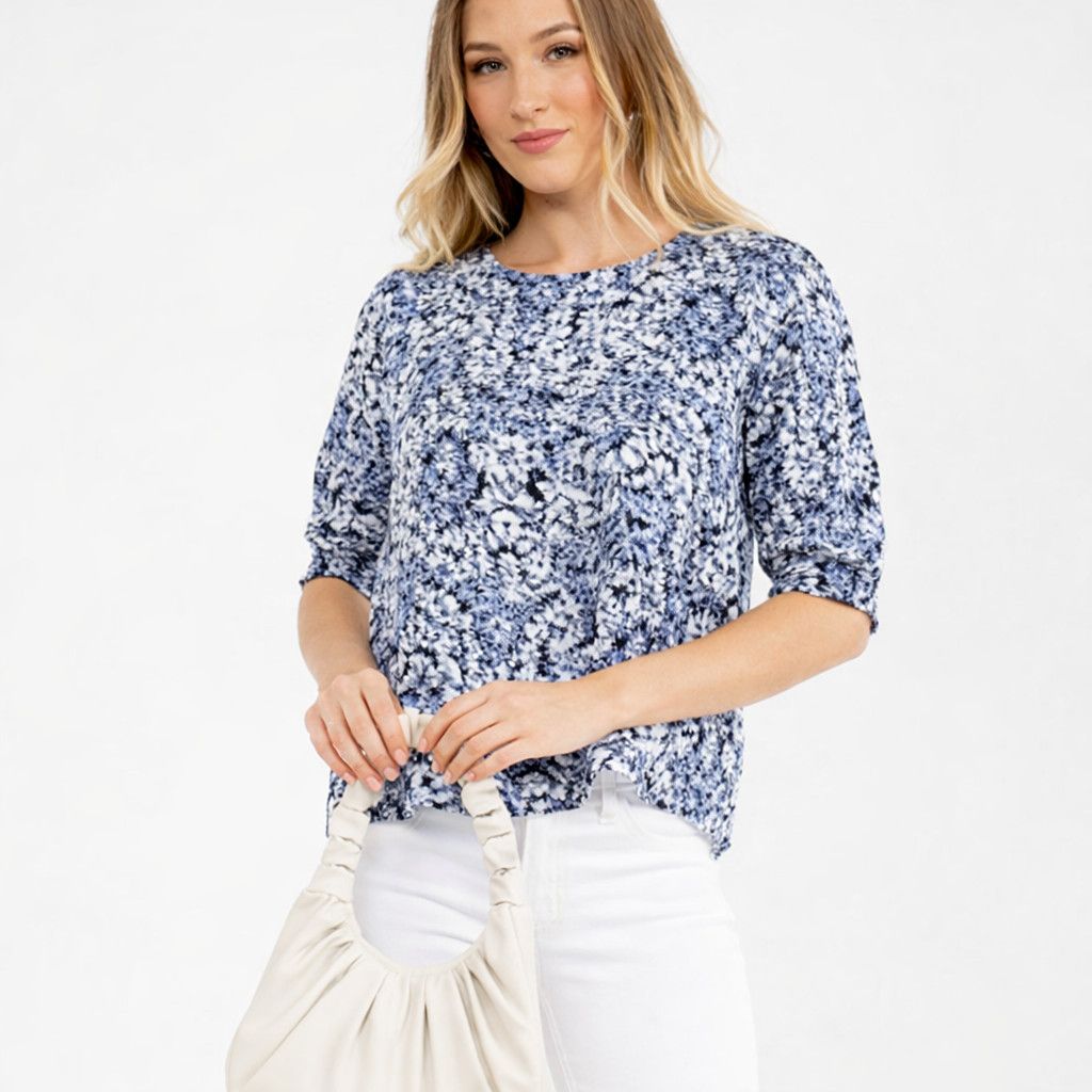 Floral Print Wool Dobby Fashion Top, Bl/Wht