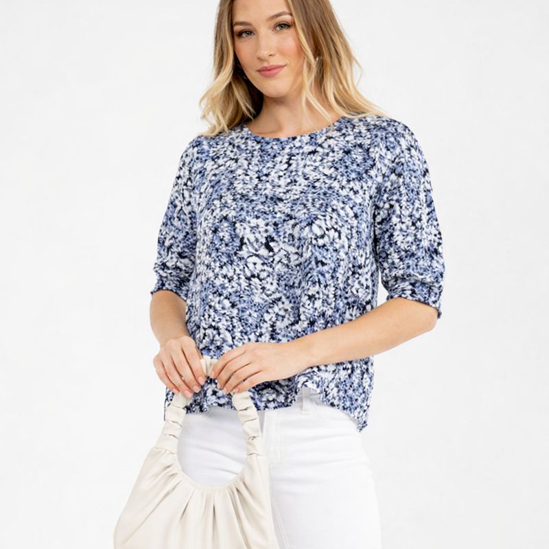 Floral Print Wool Dobby Fashion Top, Bl/Wht