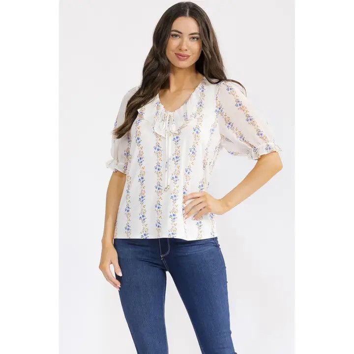 Floral Ruffle Neckline Peasant Top, Iv/Bl/Tp