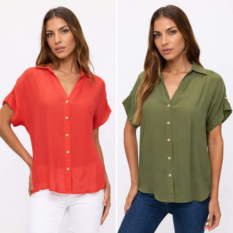 Papaya Gauze Mix Media Button Down Top