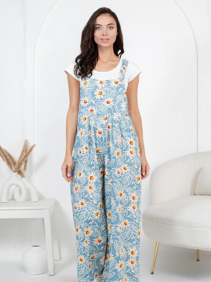 Flower Print Overall, Blue