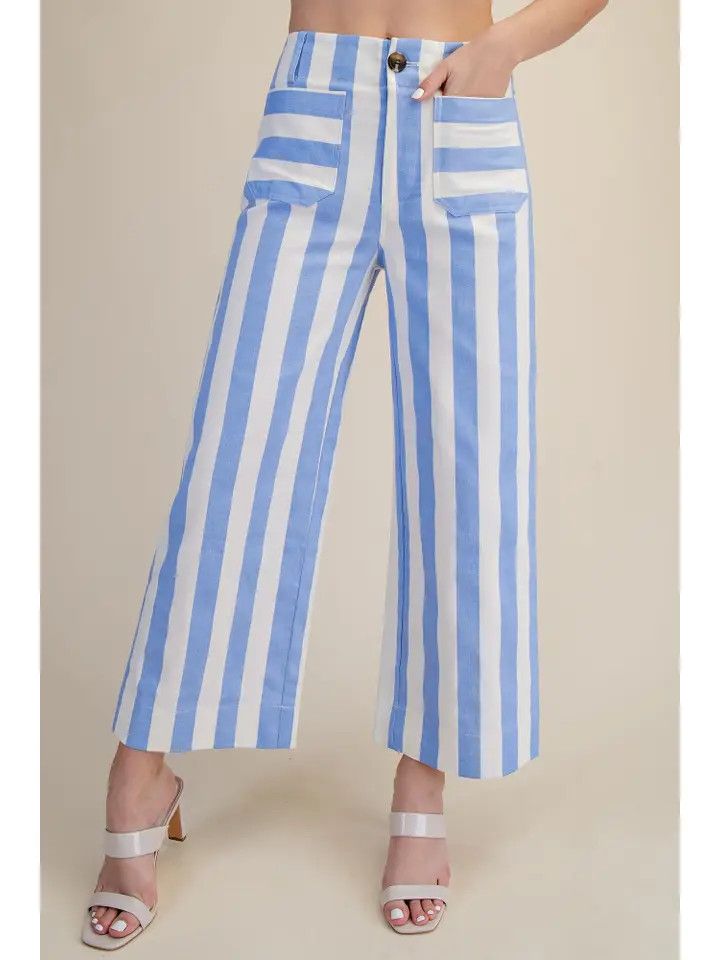 Colette Cropped Wide-Leg Stripe Pants, WHT/LBL