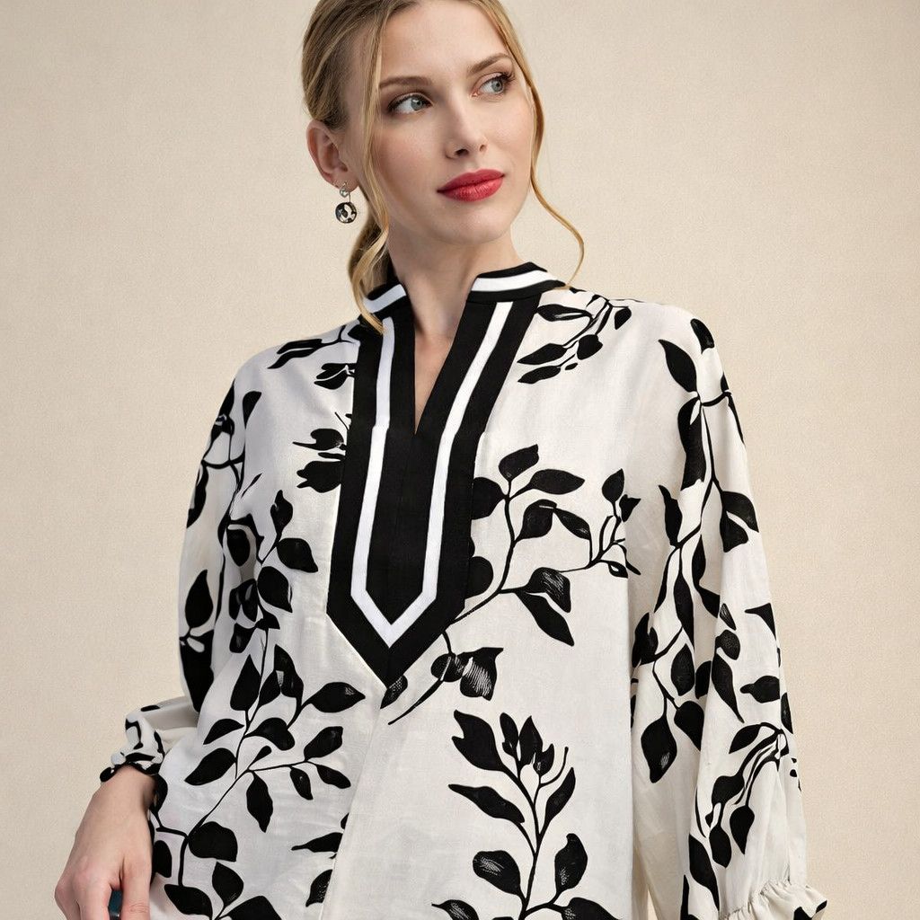 Placket Trimmed V-Neck Peasant Top, Blk/Wht