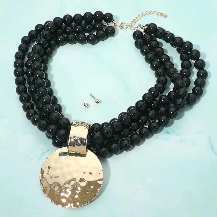 Hammered Disc Plate Pendant Statement Necklace, Black