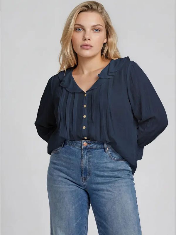 Ruffled V Neck Button Down 3/4 Sleeve Blouse