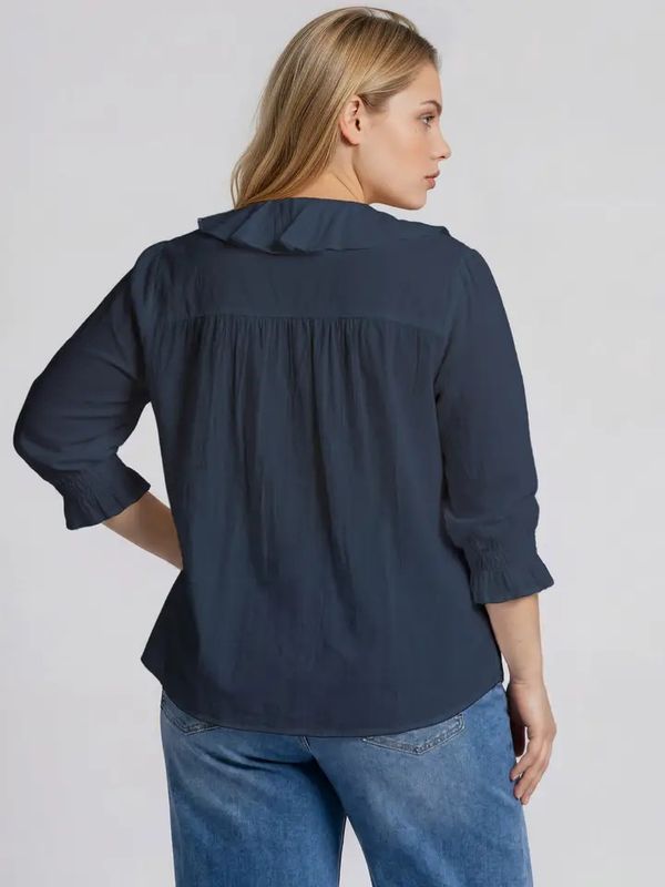 Ruffled V Neck Button Down 3/4 Sleeve Blouse