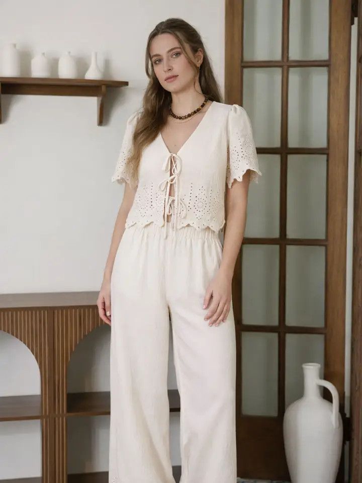 Eyelet Trim Front Tie Blouse/ Wide Leg Pant Set
