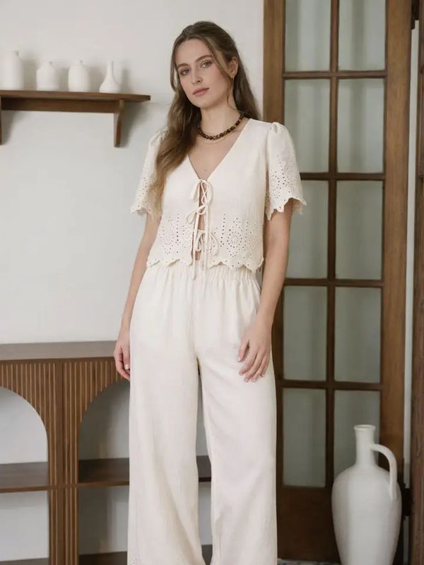 Eyelet Trim Front Tie Blouse/ Wide Leg Pant Set