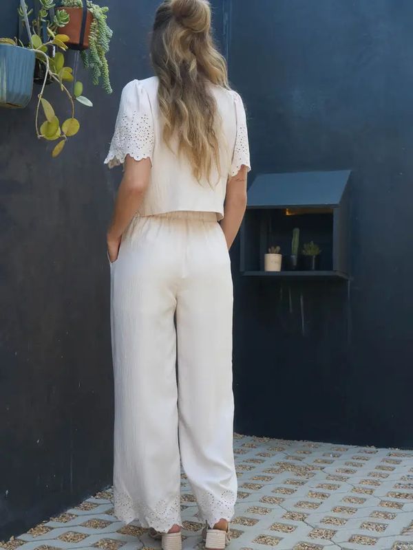 Eyelet Trim Front Tie Blouse/ Wide Leg Pant Set
