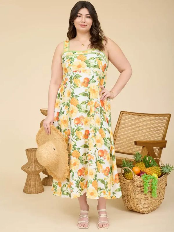 Floral &amp; Fruit Pattern Sleeveless Midi Dress