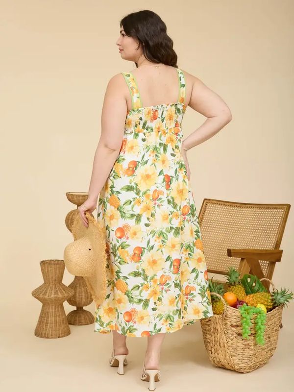 Floral &amp; Fruit Pattern Sleeveless Midi Dress