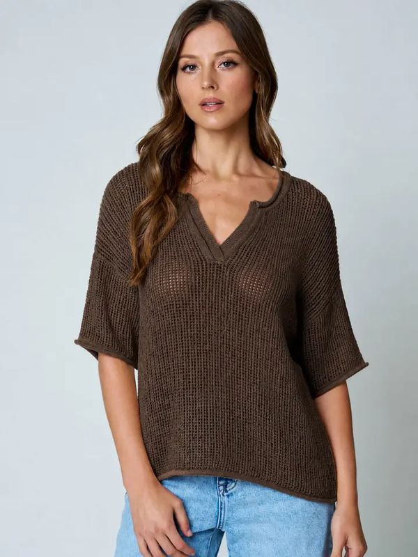 Split Neck Short Sleeve Sheer Crochet Knit Top