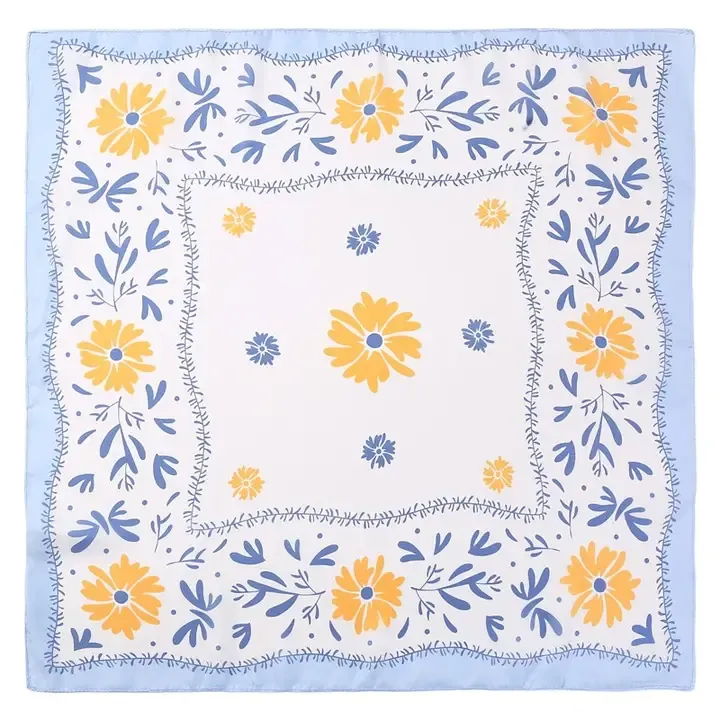 Floral Print Silk-Finish Bandana Scarf, Color: Blue