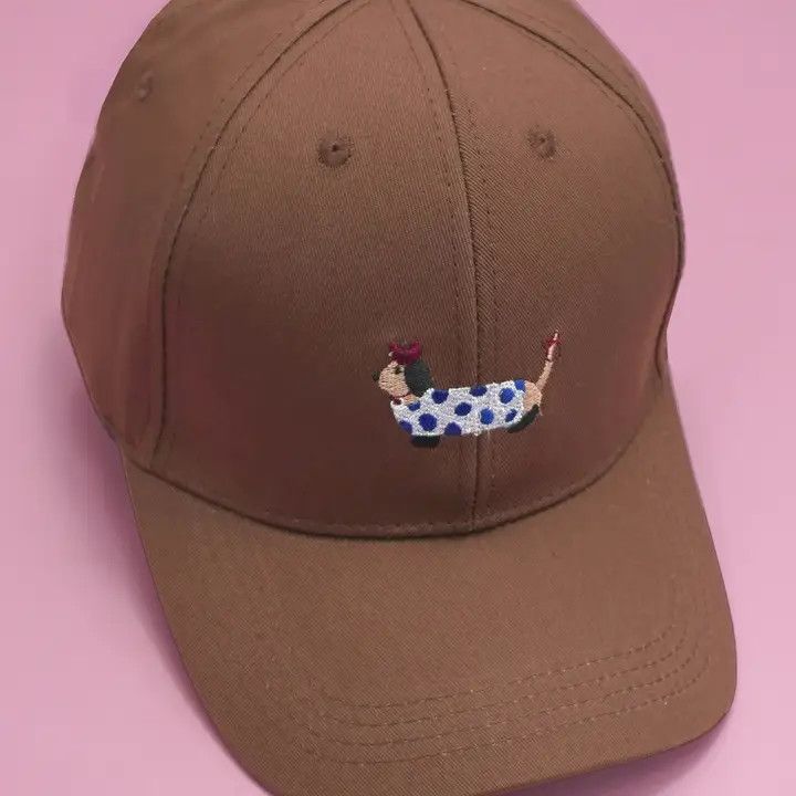 Polka Dot Dog Embroidered Ballcap, Brown