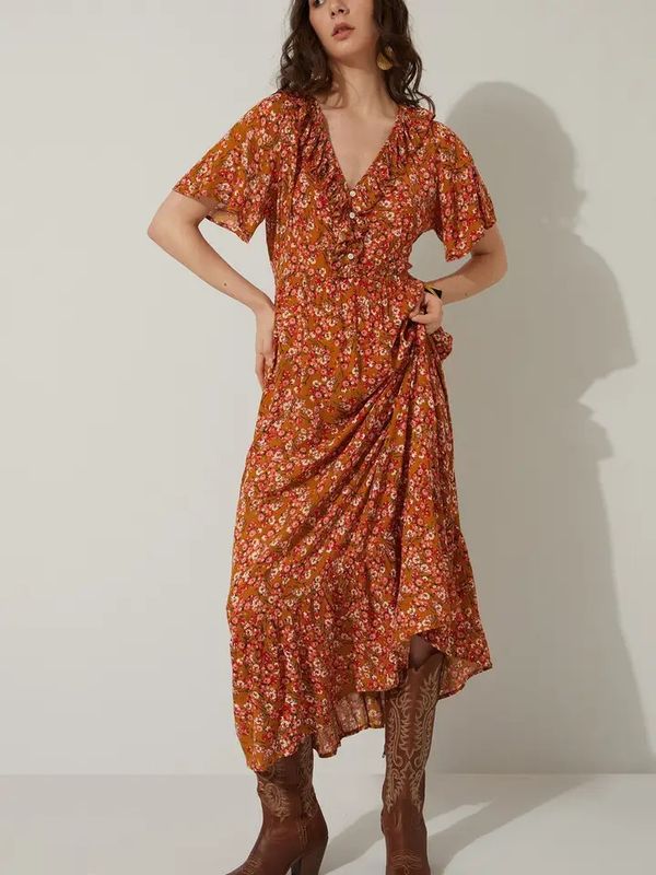 Bohera Bernadette Floral Neck Ruffle Dress