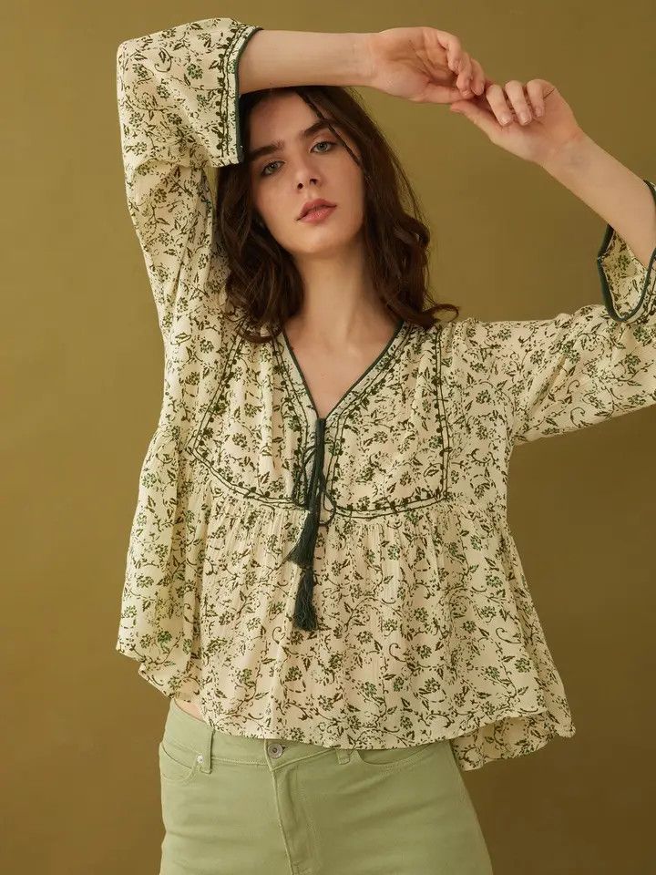 Floral Petals V-Neck Tassle Blouse