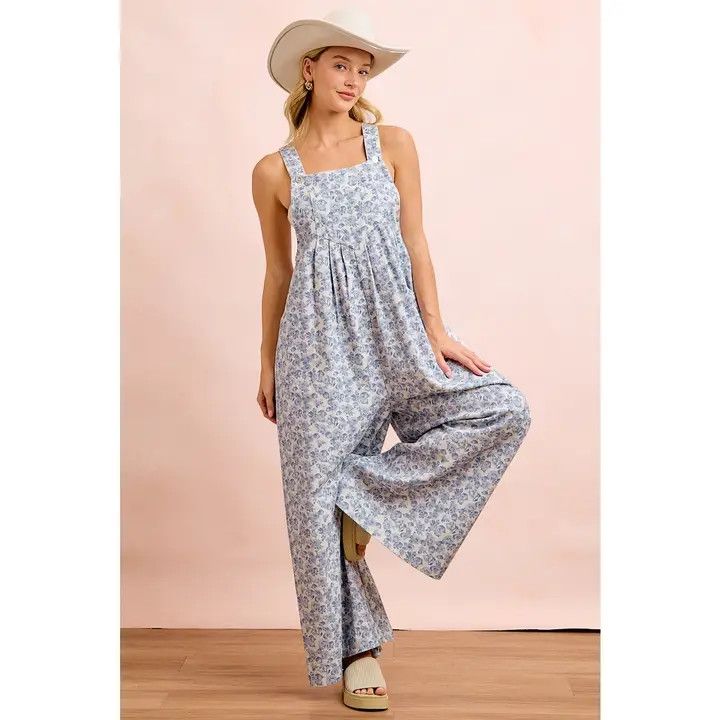 Washed Twill Flower Printed Overall with Front Pocket