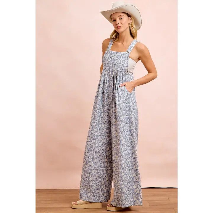 Washed Twill Flower Printed Overall with Front Pocket