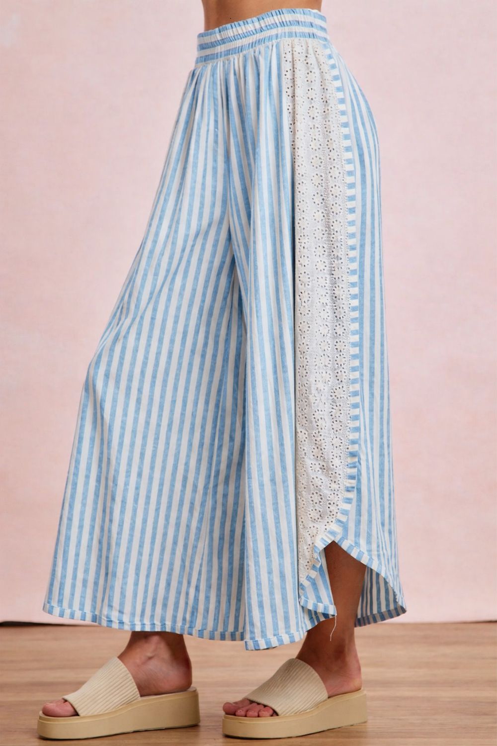 Floral Eyelet Side Elastic Stripes Wide Leg Pants