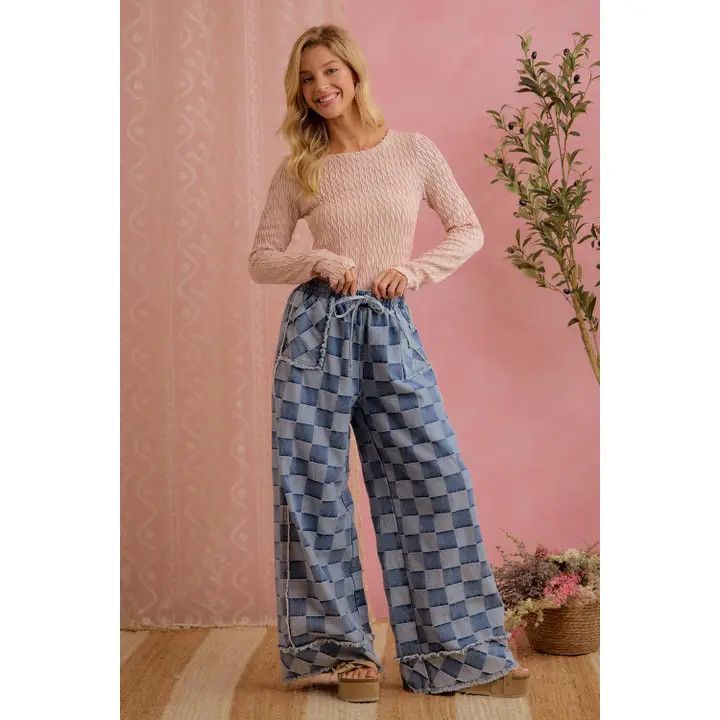 Washed Denim Checker Frayed Edge Detail Wide Leg Jeans